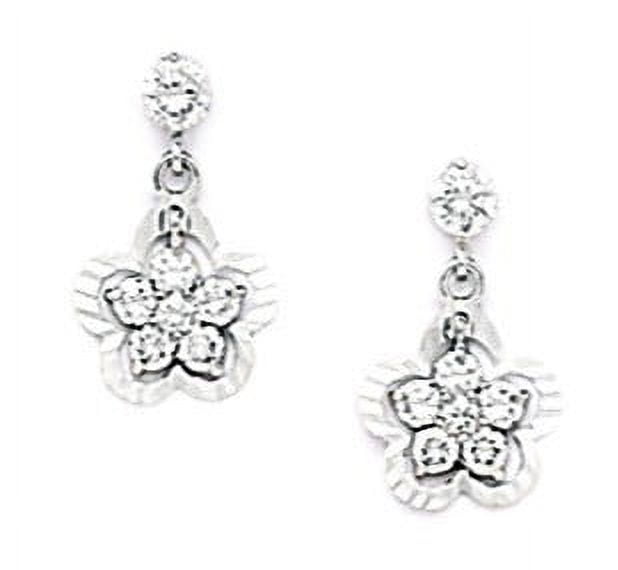 Sterling Silver Rhodium Plated Cubic Zirconia Flower Drop Screw-Back Earrings - Measures 14x9mm