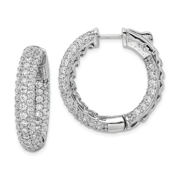 Sterling Silver Rhodium Plated Cubic Zirconia In and Out Pave Hoop Earrings - Measures 30x31mm Wide