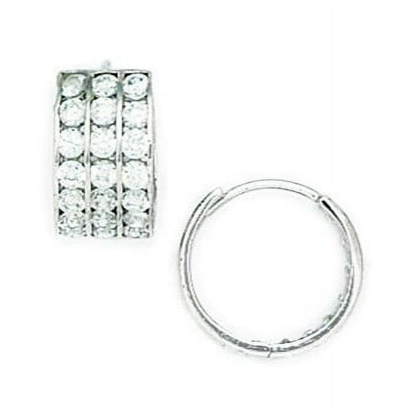 Sterling Silver Rhodium Plated Cubic Zirconia Medium 3 Row Hinged Earrings - Measures 14x14mm