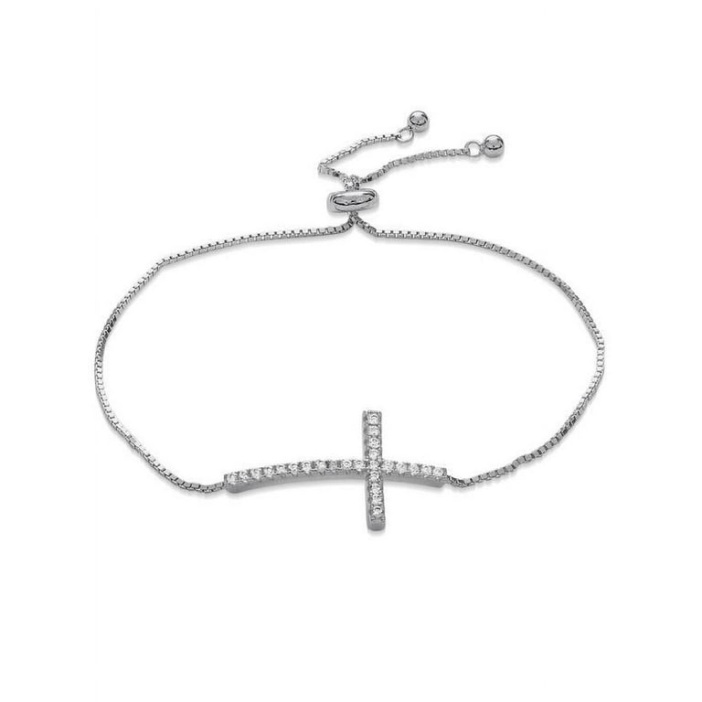 Curb Chain Bracelet with Cubic Zirconia Rhodium on Sterling Silver, Adjustable Curb Chain Bracelet with Cubic Zirconia Rhodium on Sterling Silver, Adjustable