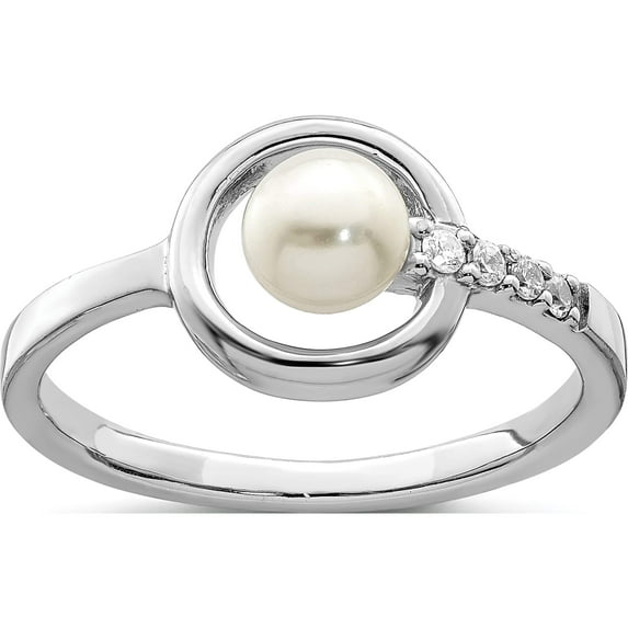 Sterling Silver Rhodium-Plated Cz 5-6mm Button Fwc Pearl In Circle Ring (Size 8) Made Thailand qr6874-8
