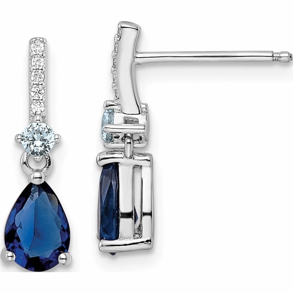 Sterling Silver Rhodium-Plated Cz And Blue Glass Post Dangle Earrings (16.82 X 5.32) Made In China qe15742