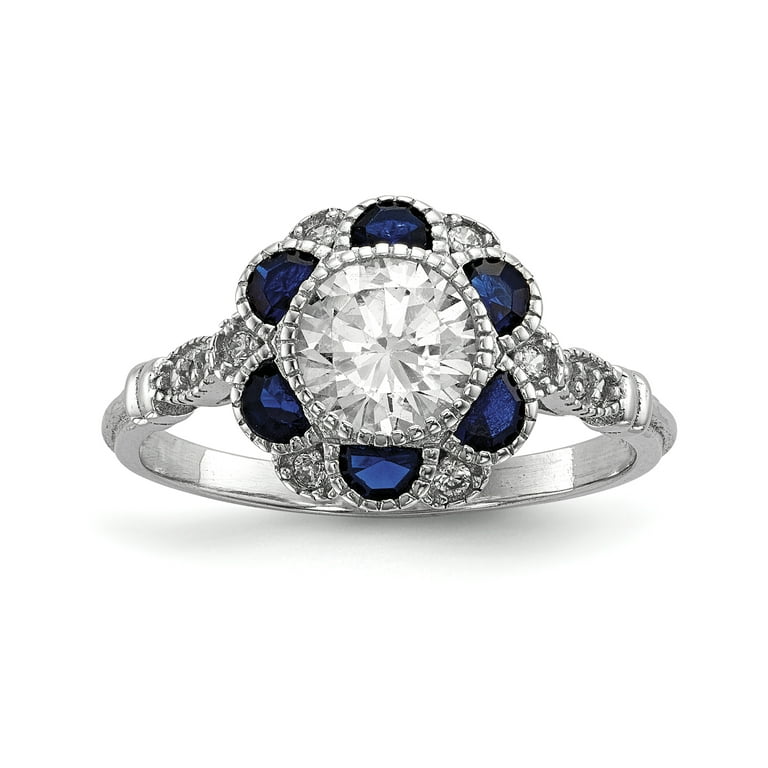 Sterling Silver White CZ & Lab-Created Blue Sapphire Flower Ring Sterling Silver White CZ & Lab-Created Blue Sapphire Flower Ring
