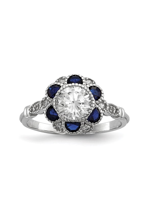 Sterling Silver Rhodium-Plated Cz And Lab Cr. Blue Sapphire Flower Ring (Size 6) Made In China qr6770-6