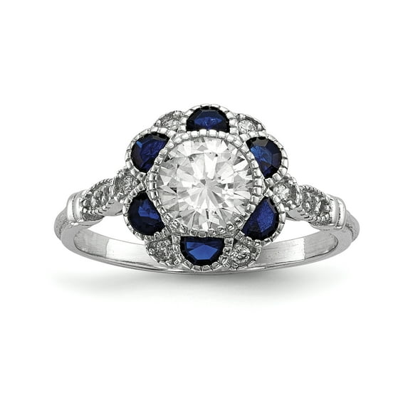 Sterling Silver Rhodium-plated CZ & Synthetic Blue Sapphire Flower Ring