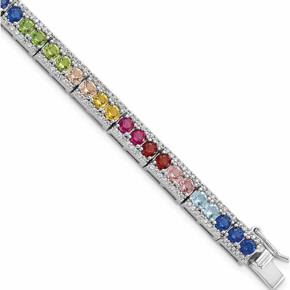 Sterling Silver Rhodium-Plated Cz And Multicolor Nano Crystals Bracelet (7.5 X 5.75) Made In China -Jewelry By Sweet Pea