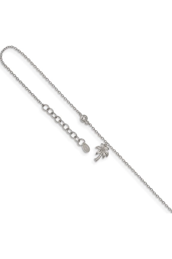 Sterling Silver Rhodium-Plated Cz And Palm Tree 9In Plus 1In Ext. Anklet (10 X 8) Made In China qg4746-9