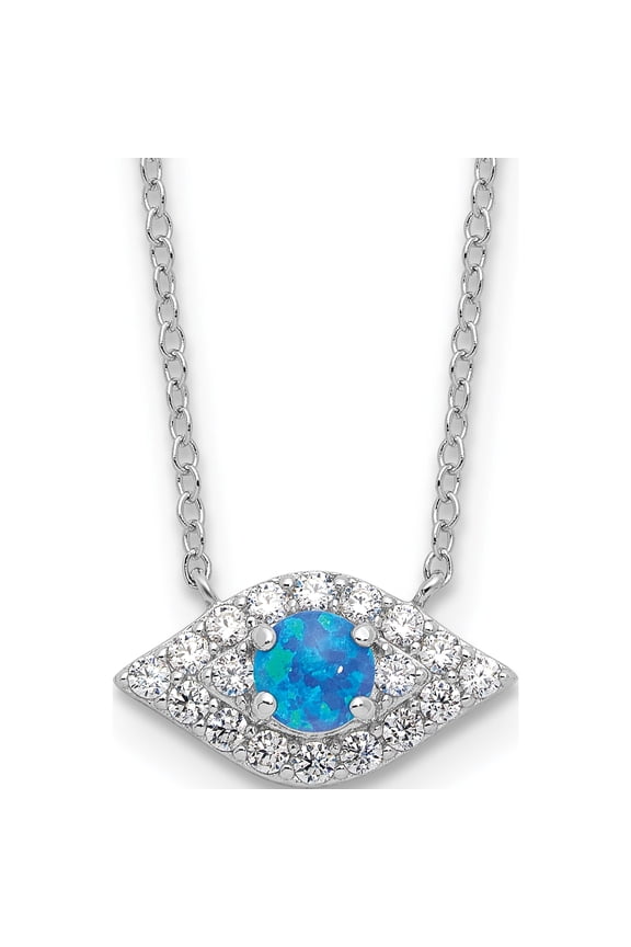 Sterling Silver Rhodium-Plated Cz Blue Cr. Opal Evil Eye W/2In Ext Necklace (Width 8) (Length 18) - Jbsp