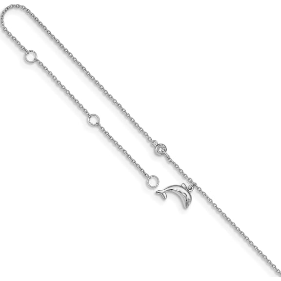 Sterling Silver Rhodium-Plated Cz Dolphin 9In Plus 2In Ext Anklet (9 X 6.45) Made In China qg4743-9