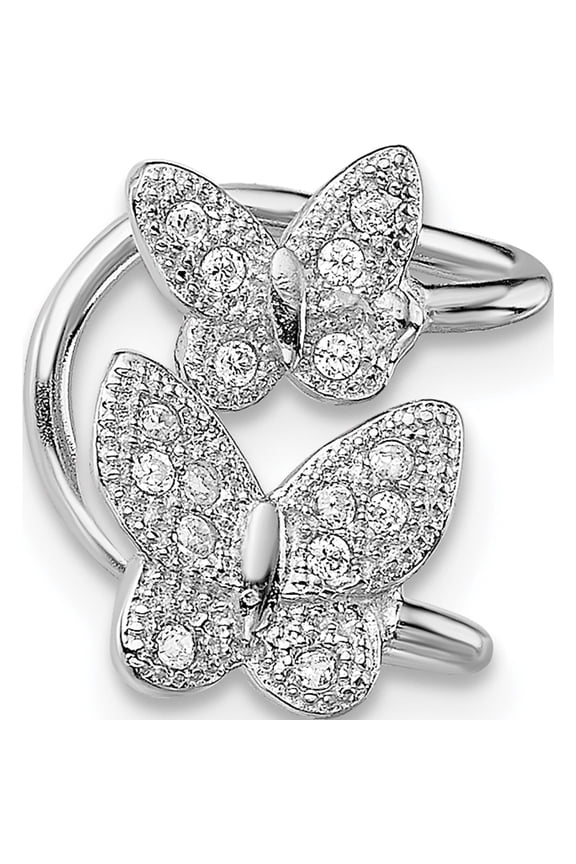 Sterling Silver Rhodium-Plated Cz Double Butterfly Left Cuff Earring (15 X 11) Made In China qe13682