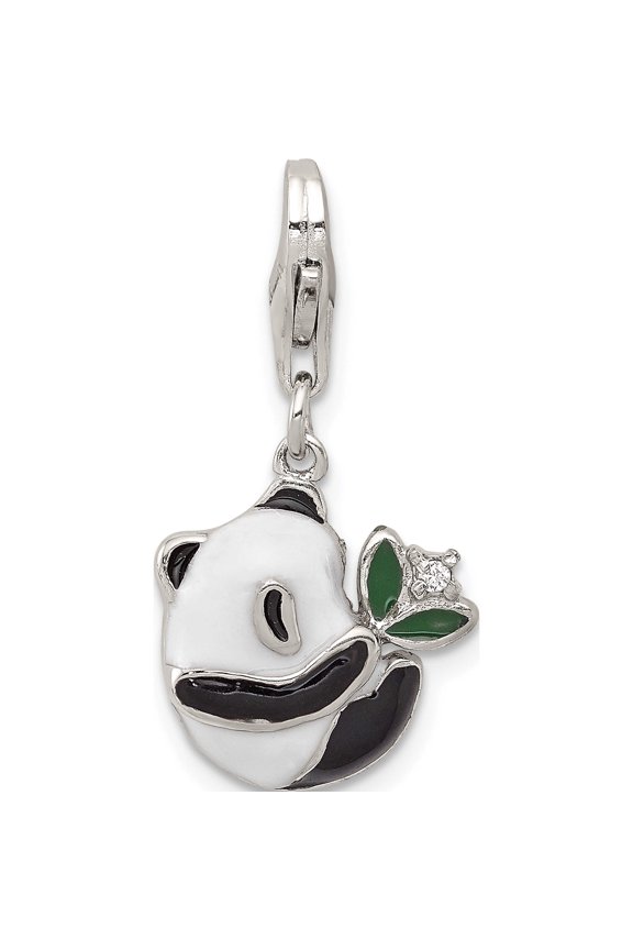 Sterling Silver Rhodium-Plated Cz Enamel Panda Charm With Lobster Clasp (25 X 13) Made In China qc6232