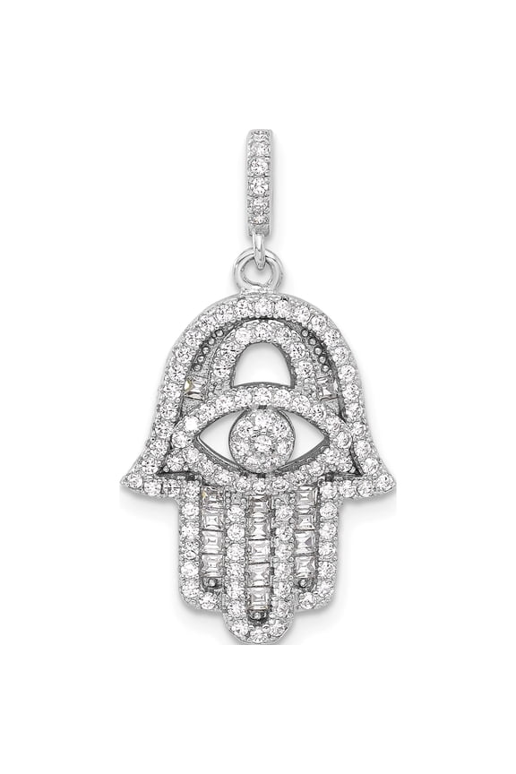 Sterling Silver Rhodium-plated CZ Evil Eye Hamsa Pendant
