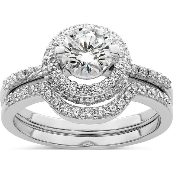 Sterling Silver Rhodium-Plated Cz Halo Engagement Ring & Band Set (Size 8) Made In China qr7299-8