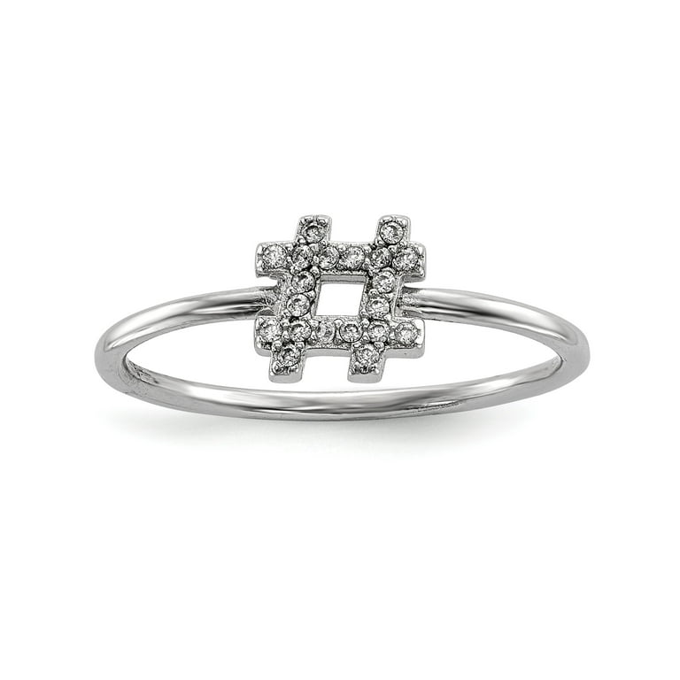 Sterling Silver Rhodium-Plated Cz Hashtag Ring (Size 7) Made