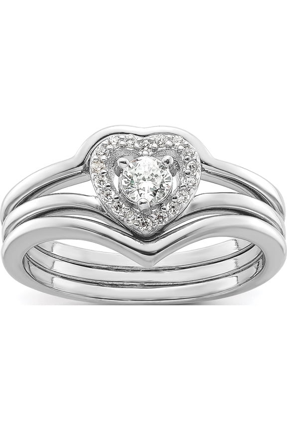 Sterling Silver Rhodium-Plated Cz Heart And Bands Three Ring Setsize 7 (Width 1.2) - Jbsp