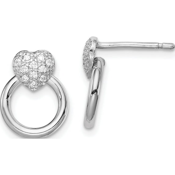 Sterling Silver Rhodium-Plated Cz Heart And Circle Post Earrings (13 X 9.8) Made In Italy qe15136