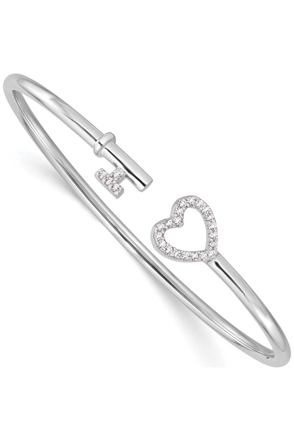 Sterling Silver Rhodium-plated CZ Heart and Key Flexible Bangle