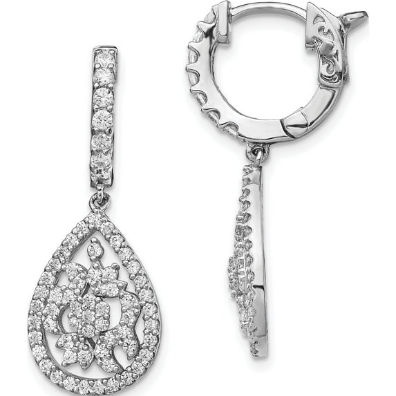 Sterling Silver Rhodium-Plated Cz Hinged Hoop Dangle Earrings (1.25 X 11.85) Made In Indonesia qe13020