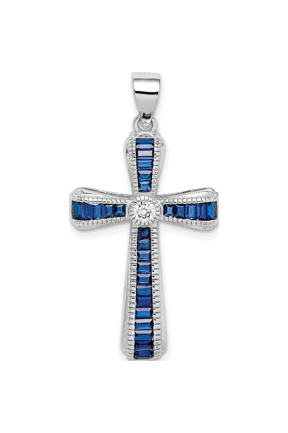 Sterling Silver Rhodium-plated CZ & Lab Cr. Blue Spinel Cross Pendant