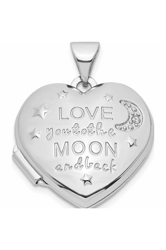 Sterling Silver Rhodium-Plated Cz Love Moon And Back 18mm Heart Locket (24 X 18.9) Made In China -Jewelry By Sweet Pea