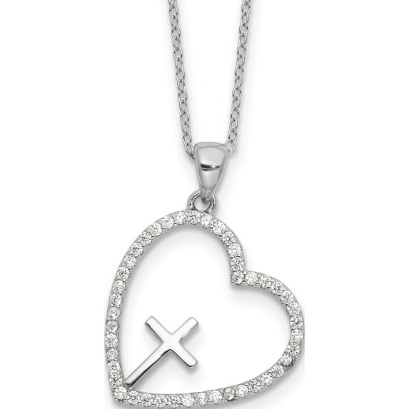 Sterling Silver Rhodium-Plated Cz Open Heart With Cross 18In Necklace (Width 19.2) (Length 18) - Jbsp