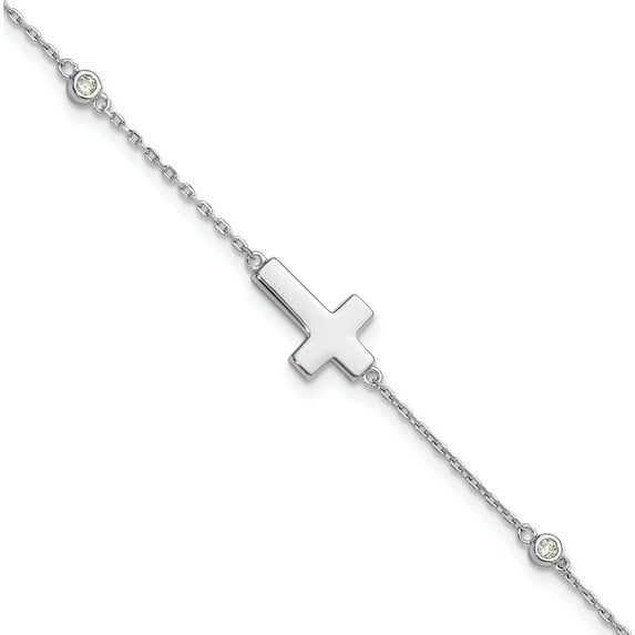 Sterling Silver Rhodium-Plated Cz Sideways Cross 7In W/1In Ext. Bracelet (Width 8.8) (Length 8) - Jbsp