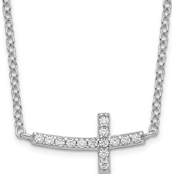 Sterling Silver Rhodium-Plated Cz Sideways Cross With 2 Inch Ext Necklace Made In China qg4406-16