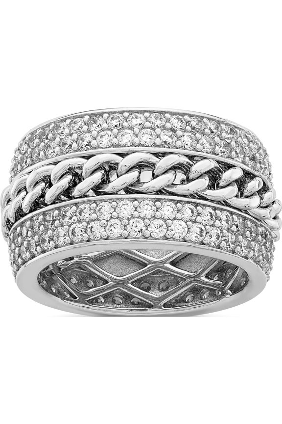 Sterling Silver Rhodium-Plated Cz Spinning Chain Center Ring (Size 6) Made In China qr7099-6