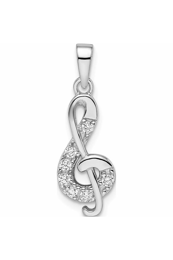 Sterling Silver Rhodium-plated CZ Treble Clef Pendant