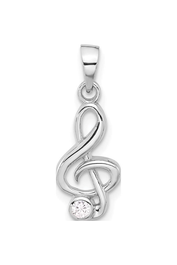 Sterling Silver Rhodium-plated CZ Treble Clef Pendant