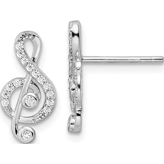 Sterling Silver Rhodium-Plated Cz Treble Clef Post Earrings (14.9 X 7.2) Made In Thailand qe15653