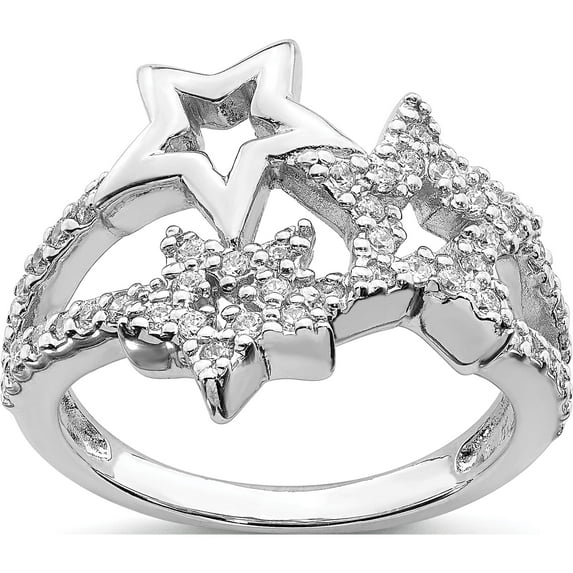 Sterling Silver Rhodium Plated Cz Triple Star Ring (Size 8) Made In Thailand qr4221-8