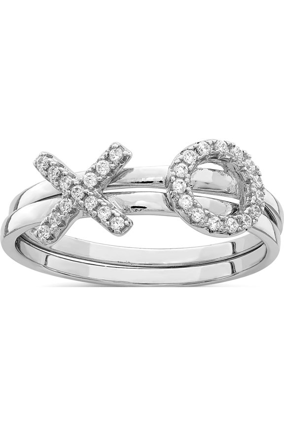 Sterling Silver Rhodium-Plated Cz X & O 2-Ring Set (Size 7) Made In Thailand qr6743-7