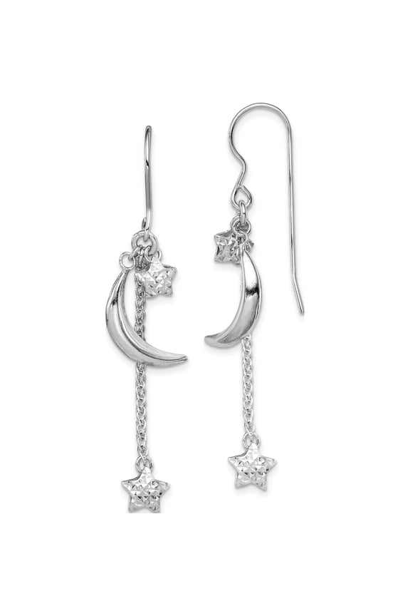 Sterling Silver Rhodium-Plated D/C Puffed Star And Moon Earrings (48 X 7) Made In Indonesia qe11463