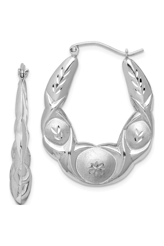 Sterling Silver Rhod-plated Satin & Diamond-Cut Scalloped Oval Hoop Earrings
