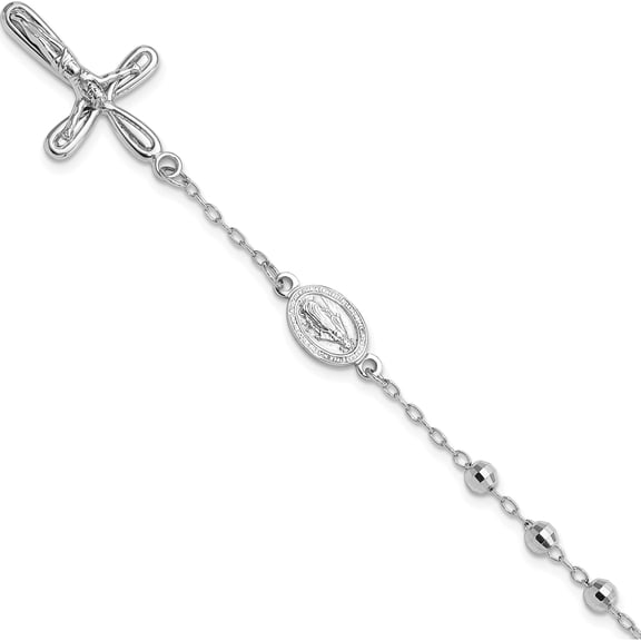 Jewelry by Sweet Pea Sterling Silver Rhodium-plated Dangle Cross Beaded Rosary 7.5in Bracelet