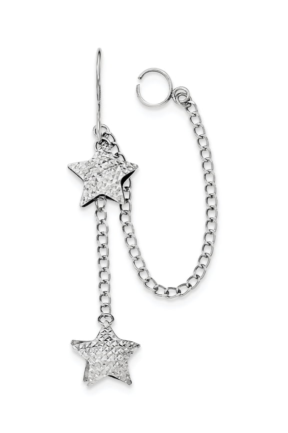 Sterling Silver Rhodium Plated Dangle Diamond-Cut Heart Earlobe Cuff Earrings