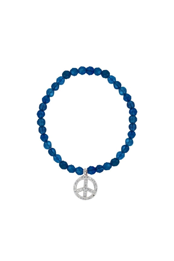 Sterling Silver Rhodium Plated Dark Blue Faceted Quartz Bracelet Cubic Zirconia Peace Sign