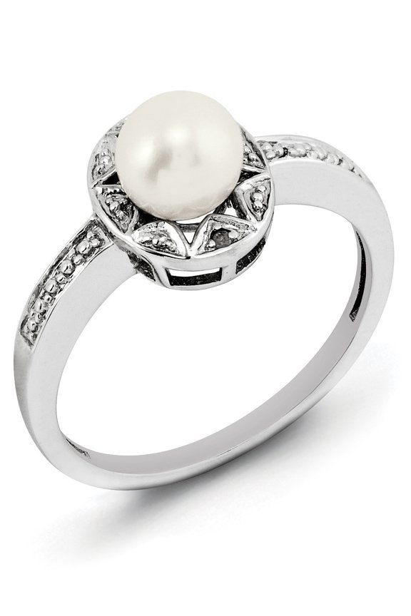 Sterling Silver Rhodium-Plated Diam. & Fw Cultured Pearl Ring (Size 7) Made In India qbr10jun-7