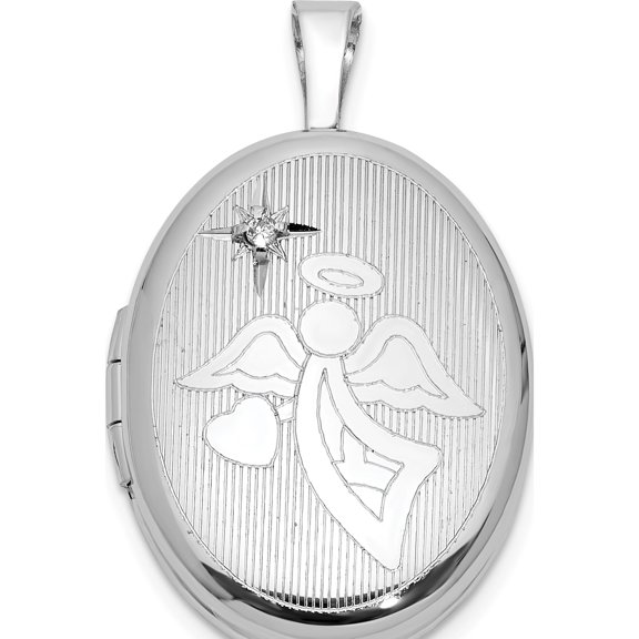 Sterling Silver Rhodium-Plated Diamond 19Mm Angel Oval Locket (Width 14.9) (Length 24.8) - Jbsp