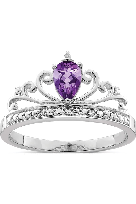 Sterling Silver Rhodium Plated Diamond & Amethyst Teardrop Ring