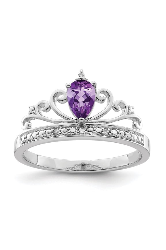 Sterling Silver Rhodium Plated Diamond & Amethyst Teardrop Ring