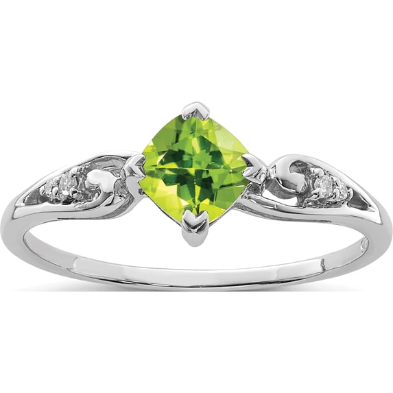 Sterling Silver Rhodium Plated Diamond And Peridot Cushion Ring (Size 8) Made In India qr4513pe-8