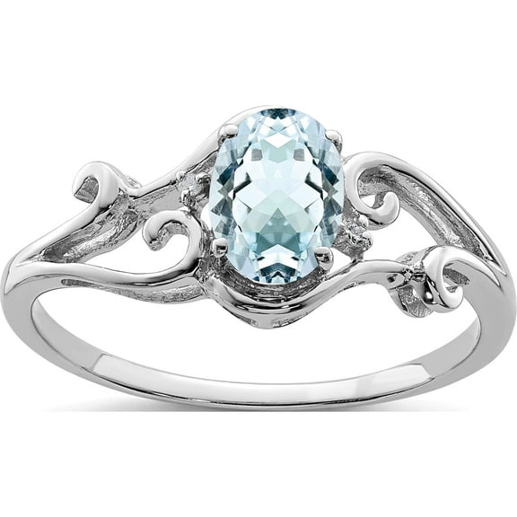 Sterling Silver Rhodium Plated Diamond & Aquamarine Oval Ring (Size 6) Made In India qr4500aq-6