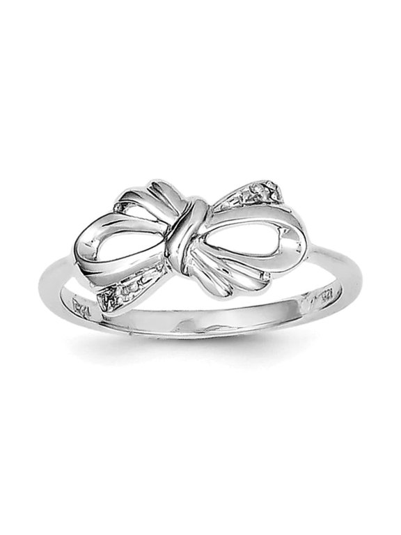 925 Sterling Silver Polished Rhodium Plated Diamond Bow Ring Size 6 2mm Wide Ring for Women