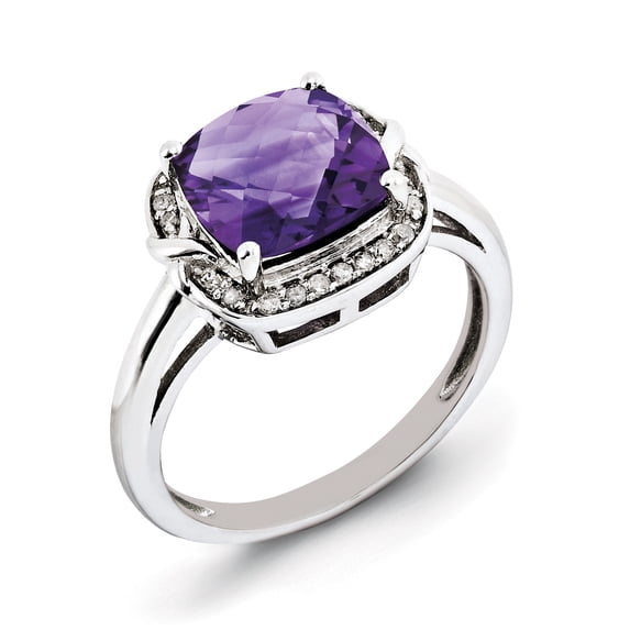 Sterling Silver Rhodium-Plated Diamond & Checker-Cut Amethyst Ring (Size 10) Made In China qr3039am-10