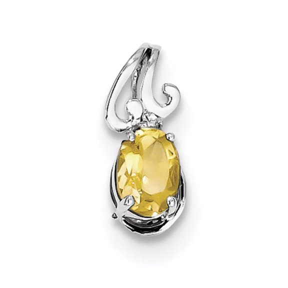 925 Sterling Silver Polished Prong set Rhodium Plated Diamond and Citrine Oval Pendant Necklace Pendant for Women