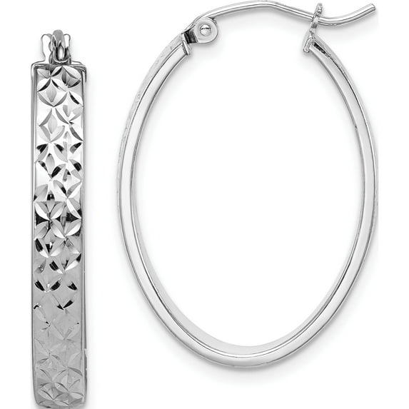Sterling Silver Rhodium Plated Diamond Cut Oval Hoop Earrings (27 X 21) Made In Indonesia qe8263