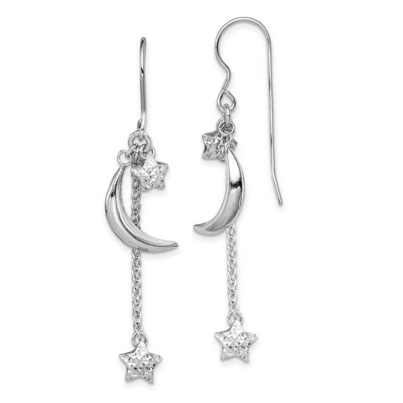 Sterling Silver Rhodium Plated Diamond-Cut Puff Stars and Moons Earrings