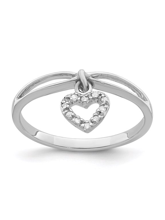 Sterling Silver Rhodium Plated Diamond Heart Dangle Ring
